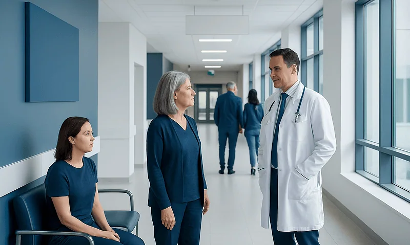 Doctor talking to a patient and her companion in hospital corridor.