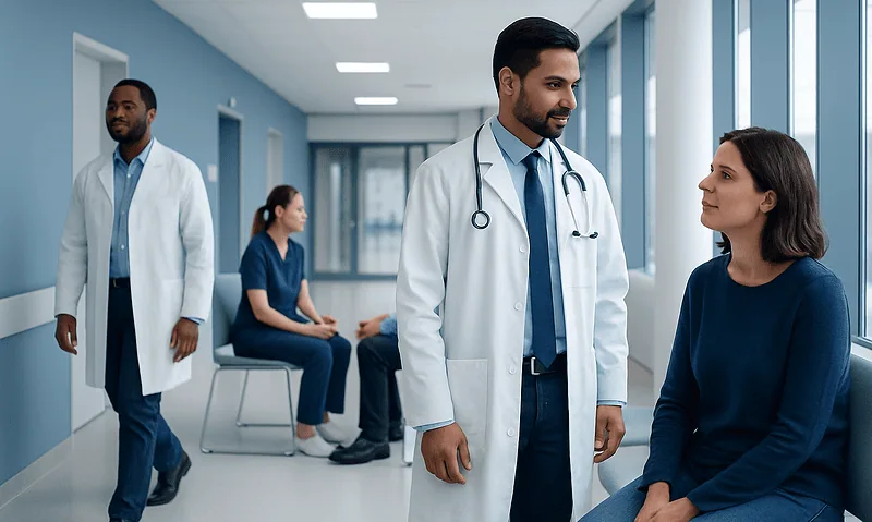 Medical team consulting patient in hospital corridor at Acibadem Hospitals.