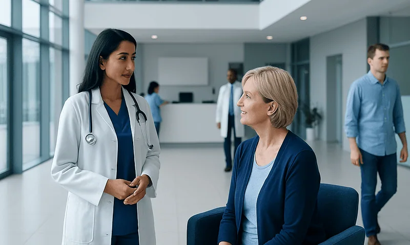 Doctor consulting with a patient in a modern hospital lobby.