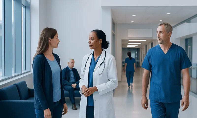 Medical team discussing patient care in hospital corridor.