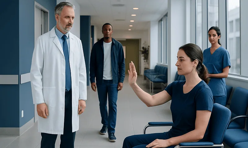 Medical consultation with healthcare professionals in a hospital corridor.