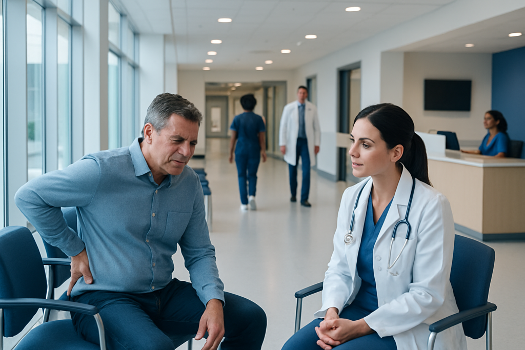 Nerve Pain: Possible Causes and When to Seek Care 1 Doctor consulting with a patient in a hospital corridor.