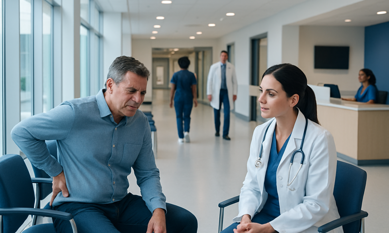 Doctor consulting with a patient in a hospital corridor.