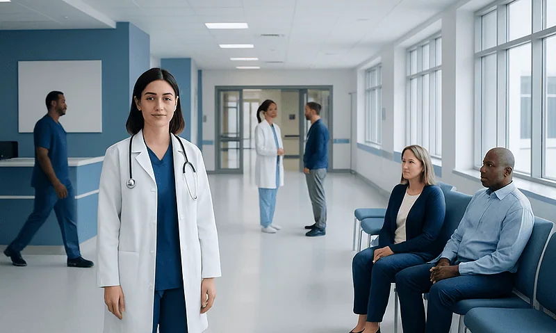 Healthcare professionals and patients in a modern hospital corridor.