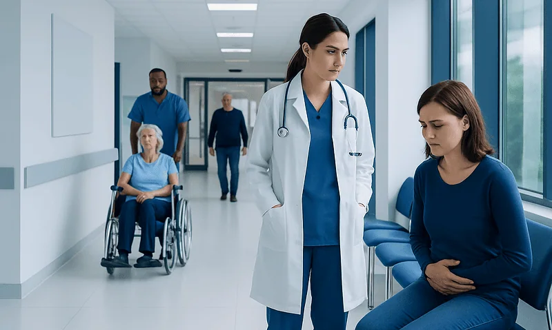 Healthcare professionals and patients in a hospital corridor.