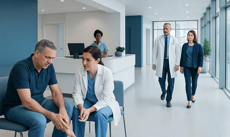 Doctor consulting with patient in hospital waiting area.