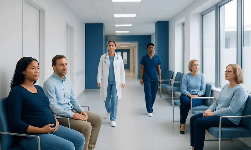 Pregnant woman and medical staff in hospital corridor.