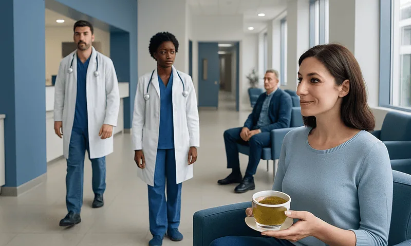 Patients and doctors in a hospital corridor with a woman holding a cup of tea.