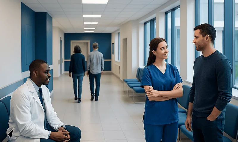 Neural Foraminal Stenosis: Diagnosis, Outlook, and Modern Treatment Approaches 10 Medical professionals and patient in hospital corridor at Acibadem Hospitals Group.