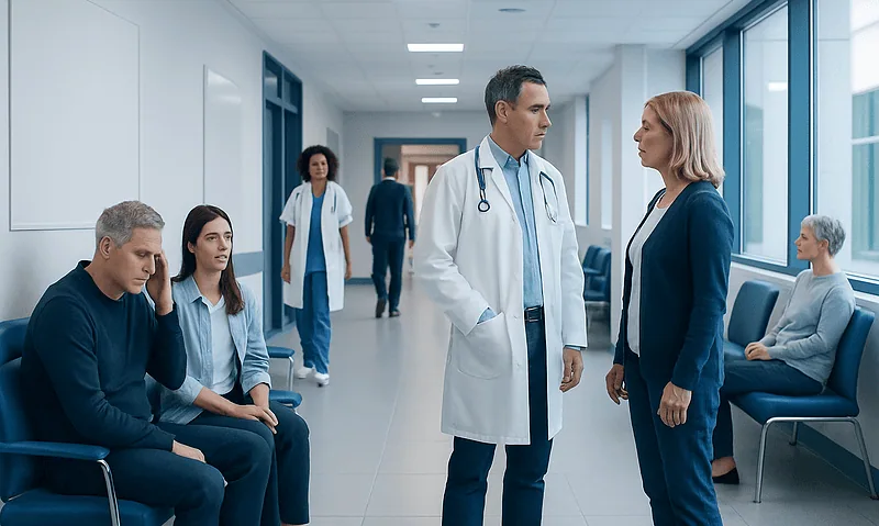 Doctor consulting patient in hospital corridor with waiting area.