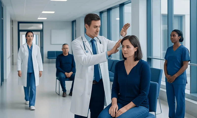 Neuro-Otology Tests for Dizziness: What Happens at Your Visit? 17 Doctor performing a neuro-otology test on a patient in a hospital corridor.