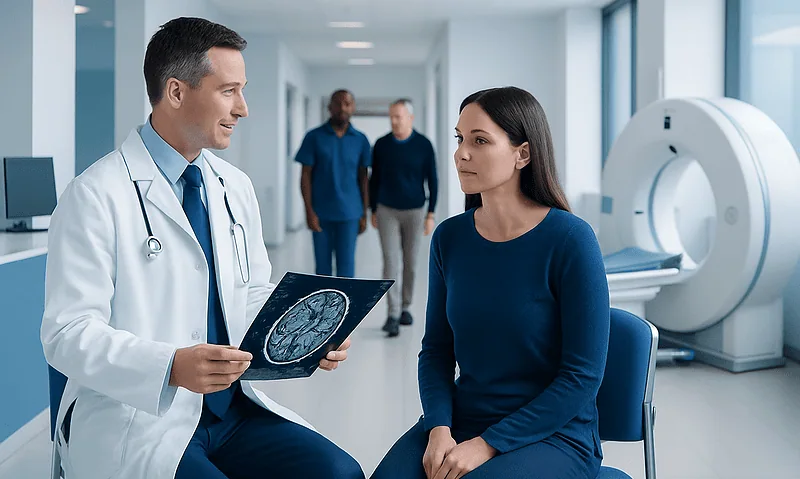 Doctor explaining brain scan to patient in hospital corridor.