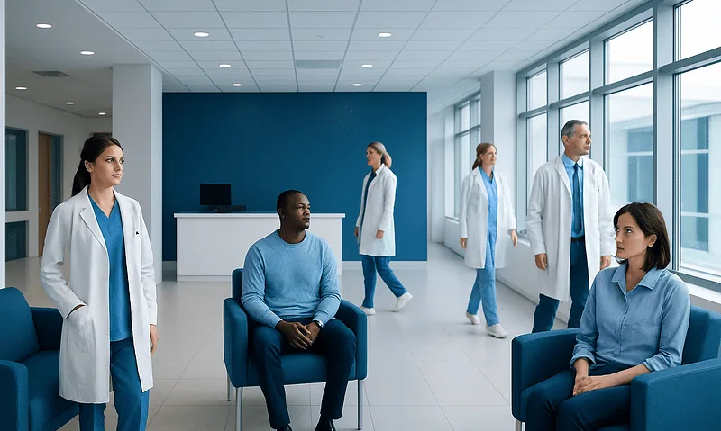 Medical professionals and patients in a modern hospital waiting area.