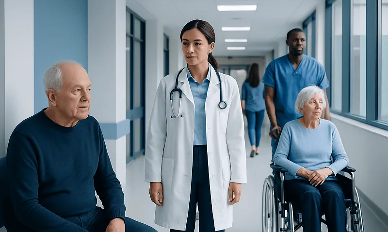 Healthcare professionals and elderly patients in hospital corridor.