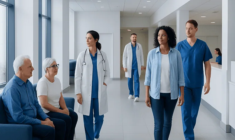 Medical team and patients in a hospital corridor at Acibadem Hospitals Group.