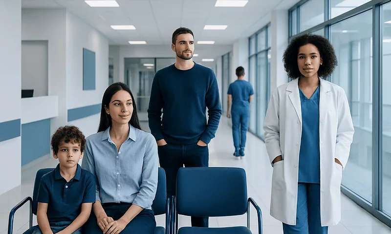 Diverse group of patients and healthcare professionals in a modern hospital corridor.