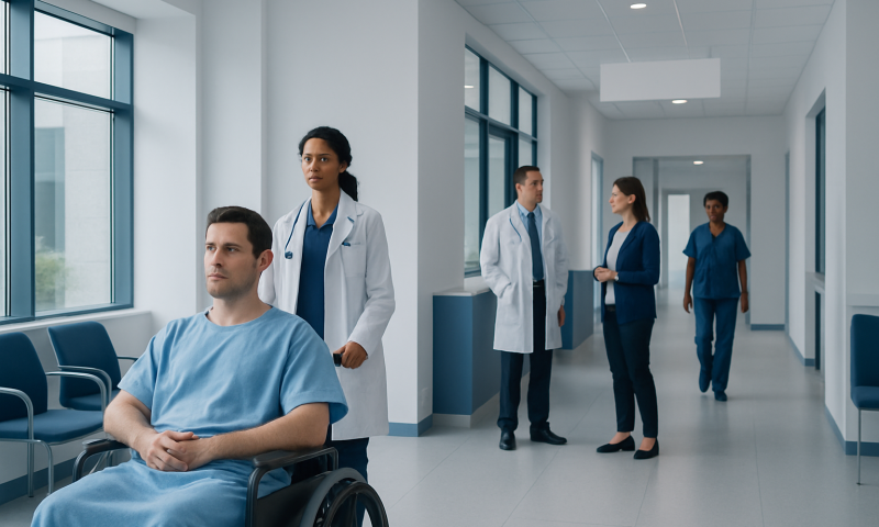 Hospital corridor with medical staff and a patient in a wheelchair.