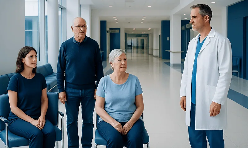 Medical consultation with elderly patients at Acibadem Hospital.