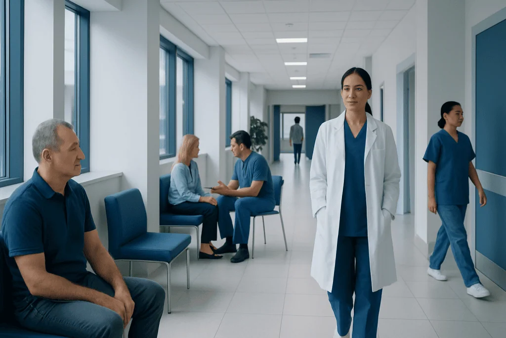 Neurointervention in Turkey: How to Choose the Right Hospital for Complex Brain Vessel Care 1 Medical professionals and patients in a hospital corridor in Turkey.