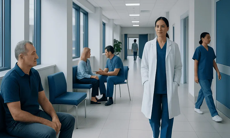 Medical professionals and patients in a hospital corridor in Turkey.