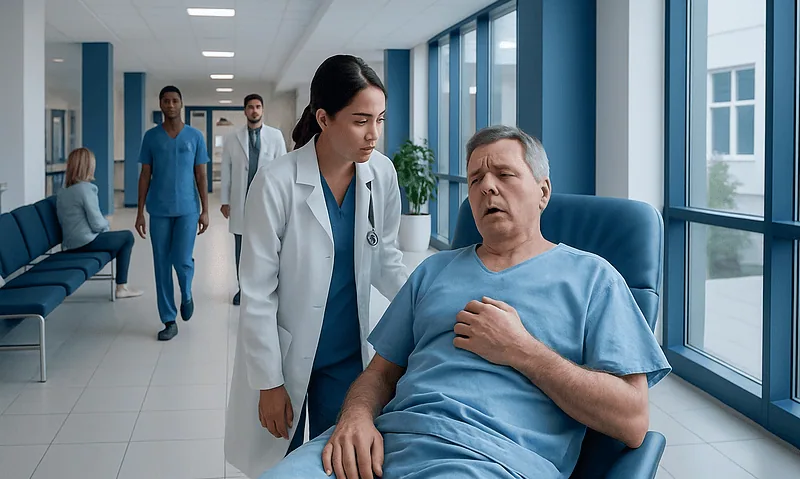 Hospital patient experiencing chest pain with medical staff nearby.