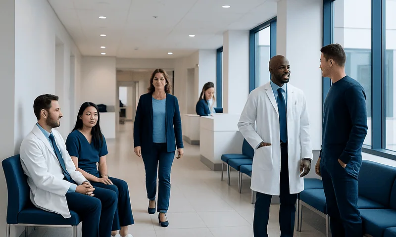 Medical professionals and patients in a hospital corridor.