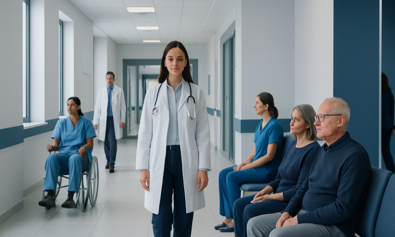 Medical team and patients in a hospital corridor.