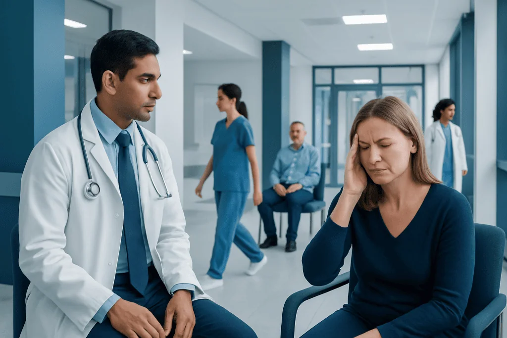 When Dizziness Is Neurological: Signs You May Need a Neuro-Otology Assessment 1 Doctor consulting a woman with dizziness symptoms in a hospital waiting area.