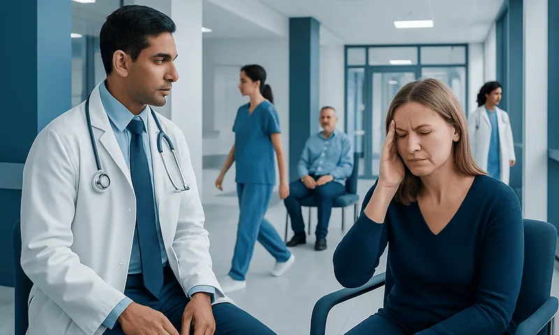 Doctor consulting a woman with dizziness symptoms in a hospital waiting area.