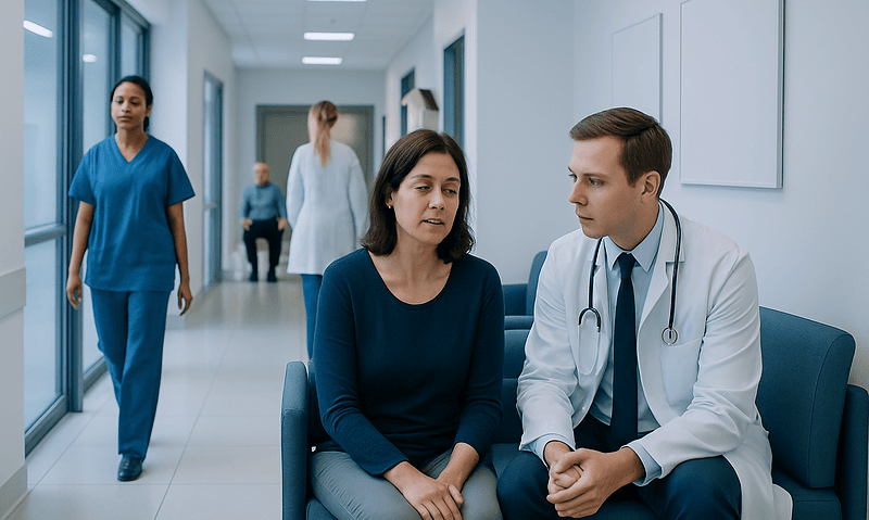 Doctor consulting with a patient in a hospital corridor.