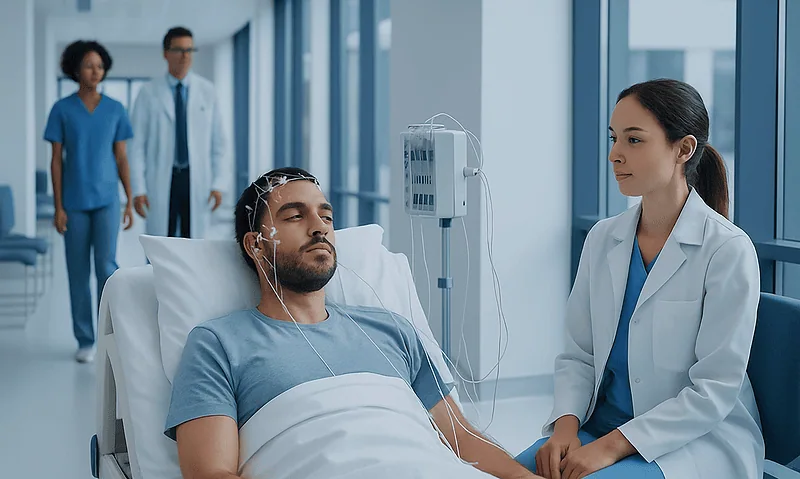Patient undergoing neurological sleep testing in a hospital setting.