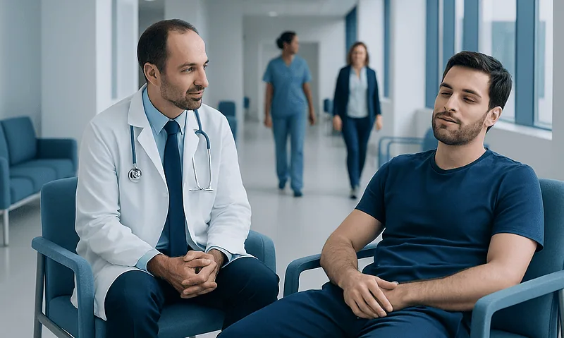 Doctor consulting patient in a hospital corridor with medical staff in background.