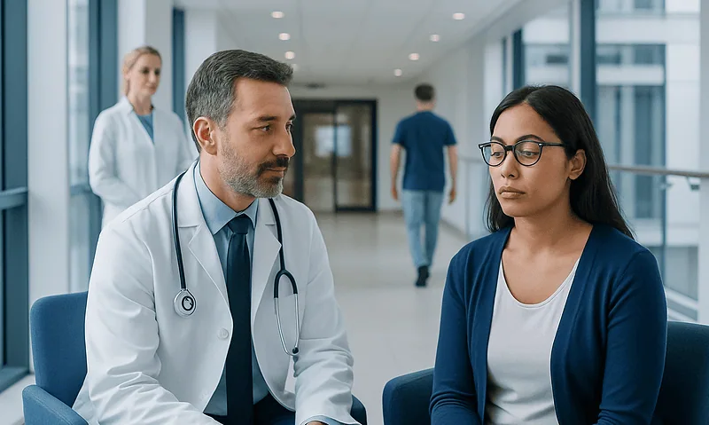 Doctor consulting with a patient in a hospital corridor.