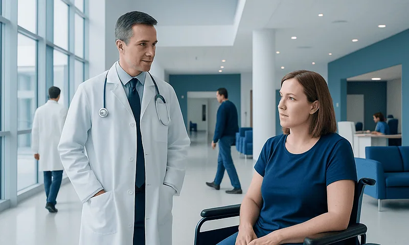 Doctor consulting a patient in a modern hospital lobby.