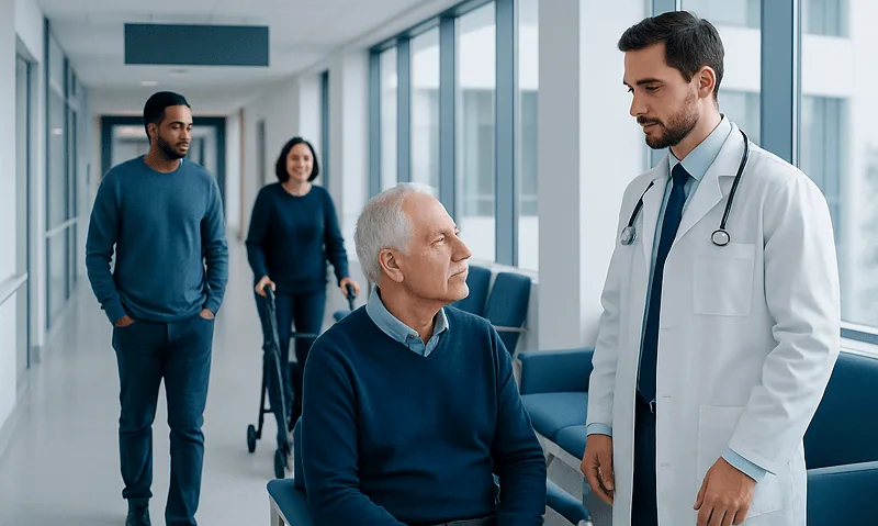 Doctor consulting elderly patient in hospital corridor with visitors nearby.