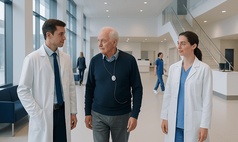 Doctors and patient in hospital lobby discussing treatment options.
