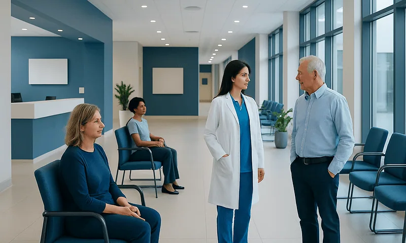 Medical consultation in a modern hospital waiting area with patients and doctor.