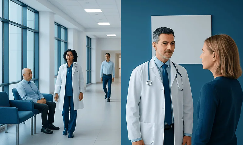Doctors and patients in a modern hospital corridor.