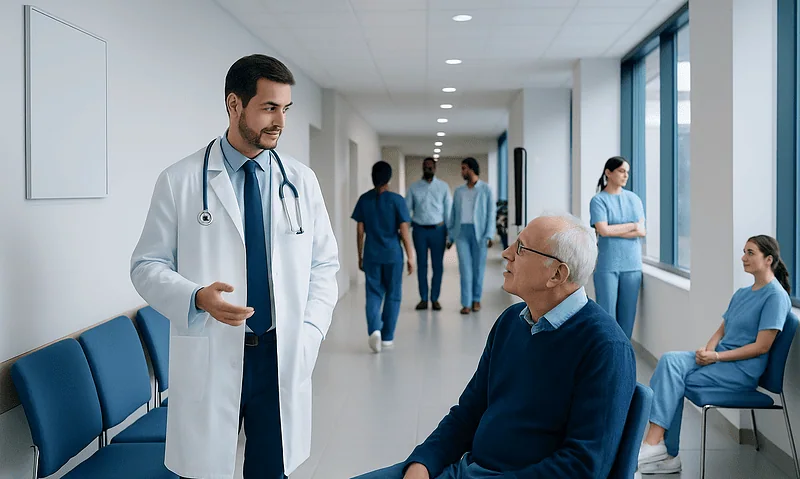Health Library 14 Doctor consulting with elderly patient in hospital corridor.