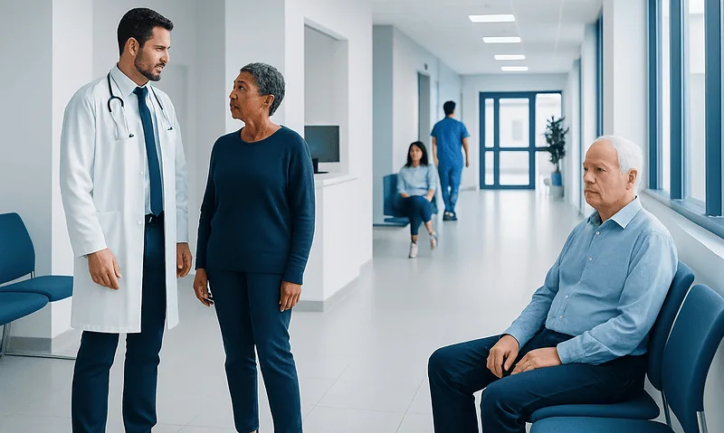 Doctor consulting with a senior patient in a hospital corridor.