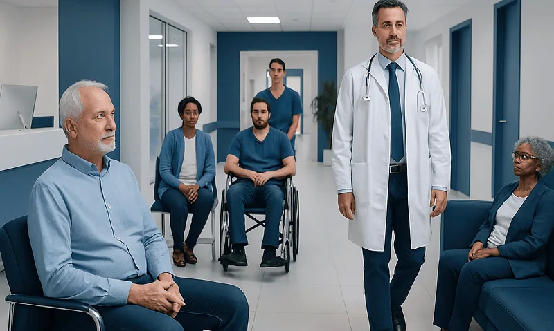 Doctor consulting with elderly patients in a hospital corridor.