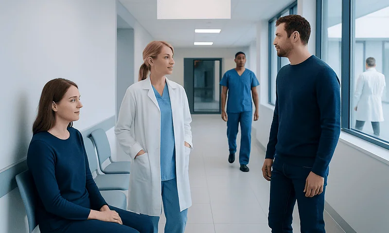 Medical professionals discussing patient care in hospital corridor.