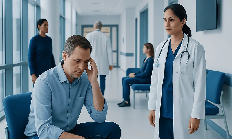Patient experiencing memory issues in a hospital corridor with medical staff nearby.
