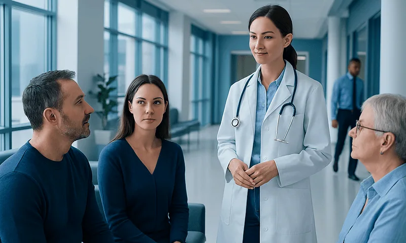 Medical team consulting with patients in a hospital corridor.