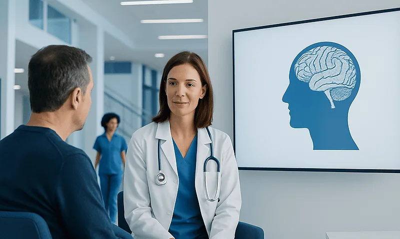 Health Library 14 Doctor consulting patient about neuropsychiatry in hospital setting.