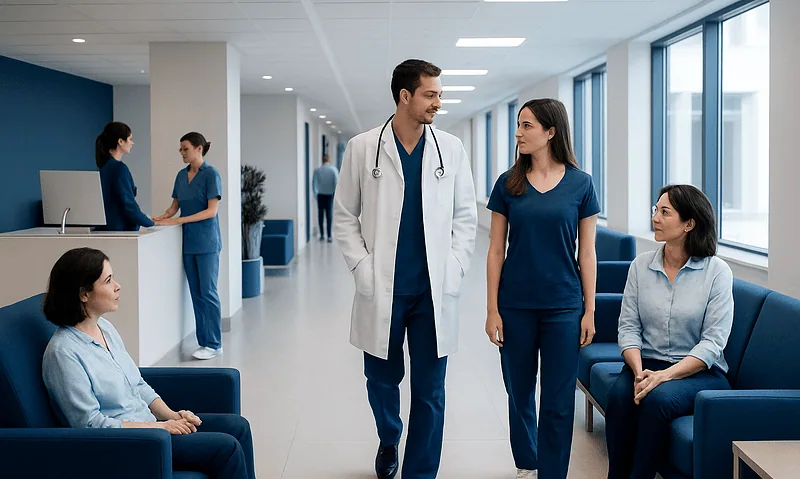 Medical team consulting patients in a modern hospital corridor.