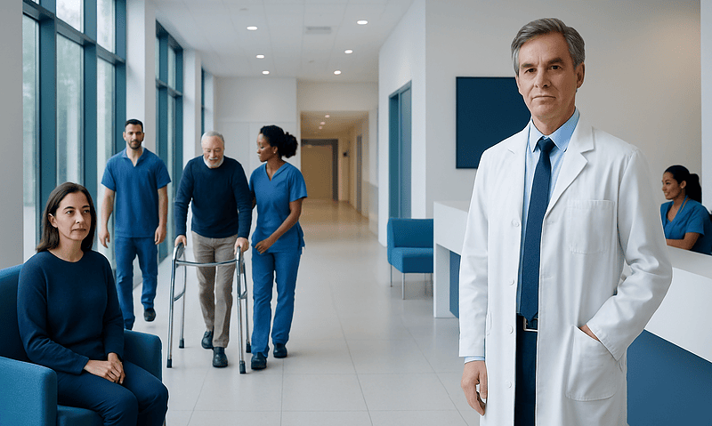 Doctor and patients in a modern hospital corridor with medical staff in background.