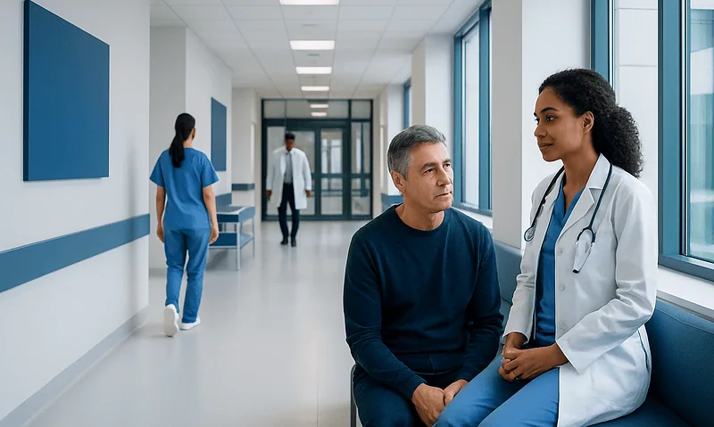 Doctor consulting with patient in hospital corridor at Acibadem Hospitals Group.
