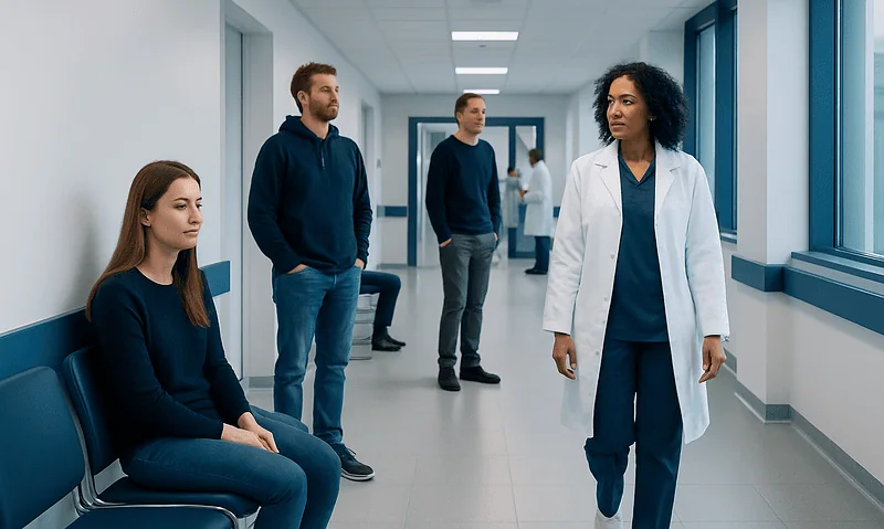 Patients waiting in a hospital corridor with a healthcare professional approaching.