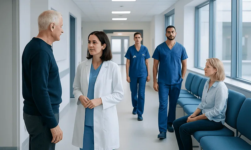 Medical team consulting patient in hospital corridor for inner ear and balance disorders.